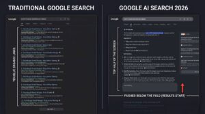 A comparison diagram showing traditional Google search results with ten blue links versus the 2026 Google AI search experience where AI Overviews answer questions directly at the top of the page, illustrating the shift affecting small business digital visibility