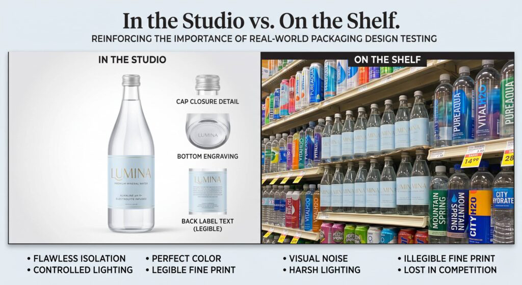 Split image comparing a product packaging design that looks polished in a digital mockup versus how the same design performs on a real retail shelf surrounded by competitor products