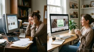 Split image comparing a small business owner frustrated with an underperforming website versus one whose well-designed small business website is actively generating leads in the background